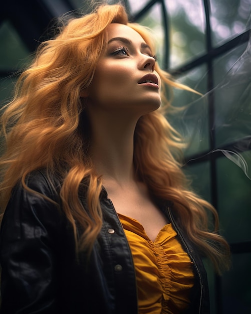 женщина с длинными рыжими волосами смотрит в окно, изо рта идет дым