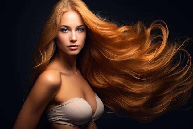 Photo woman with long red hair is posing for picture