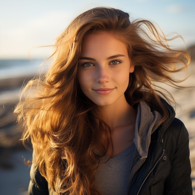 A woman with long red hair is standing on the beach