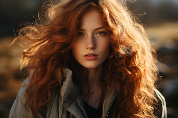 a woman with long red hair and a jacket