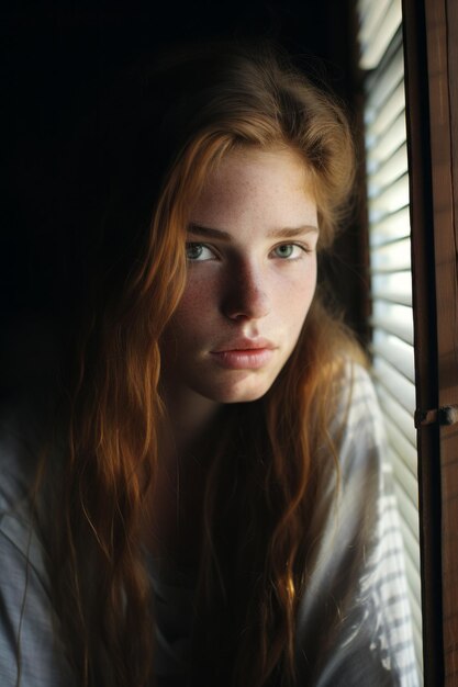 a woman with long red hair looking out a window