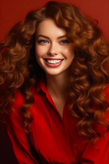 Woman with long red hair and red shirt smiling at the camera Generative AI