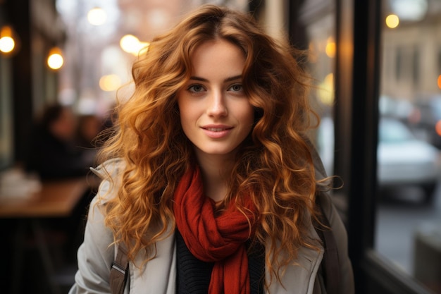 женщина с длинными рыжими волосами и шарфом стоит перед окном