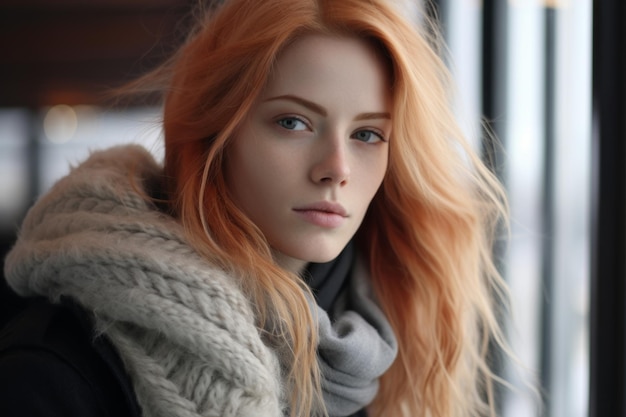 a woman with long red hair and a scarf