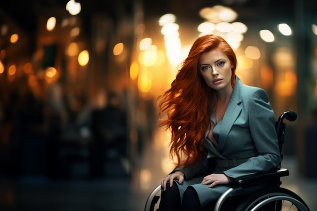 Photo a woman with long red hair sitting in a wheelchair