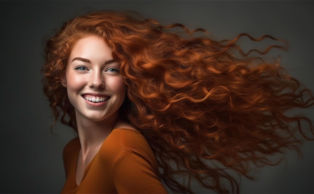 A woman with long red hair smiles and smiles.