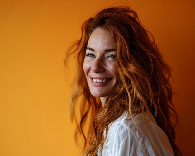A woman with long red hair smiling in front of an orange wall