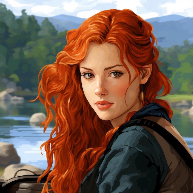 a woman with long red hair standing by a river