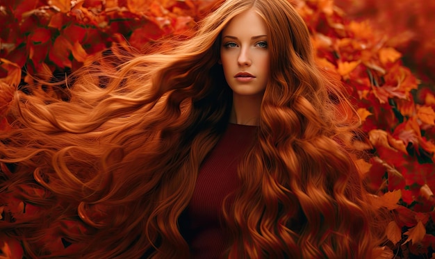 A woman with long red hair standing in a field of leaves