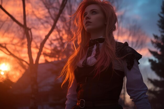 a woman with long red hair standing in front of a sunset