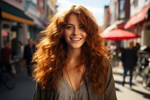 a woman with long red hair standing in the middle of a city street
