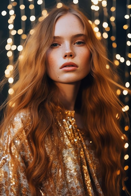 A woman with long red hair stands in front of a gold background with lights.