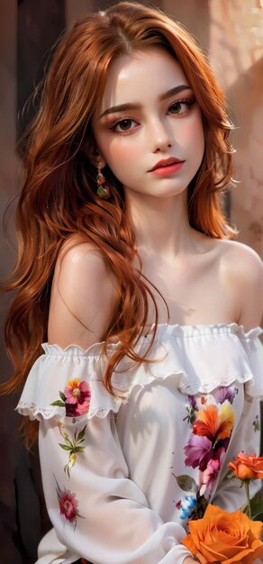 a woman with long red hair and a white blouse