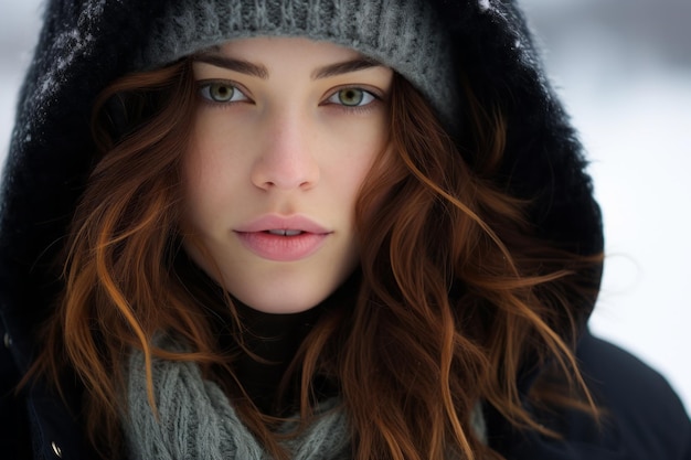 a woman with long red hair in a winter coat