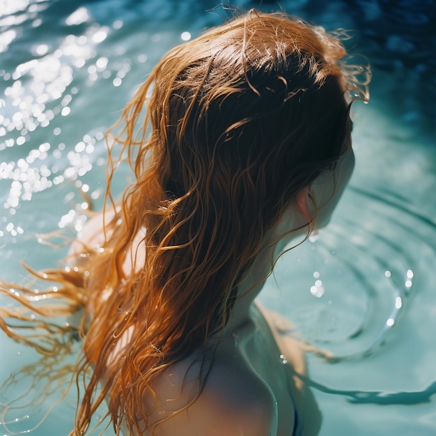 Photo woman with long red wet hair in the pool the sea the sun shines on her hair summer vacation