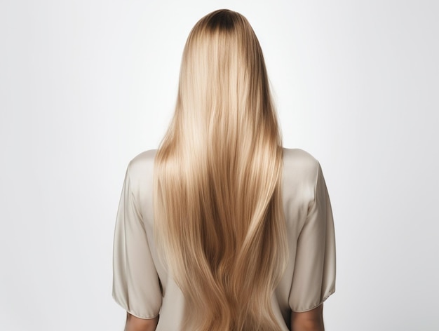 孤立した背景の背面図に長くて光沢のある髪を持つ女性