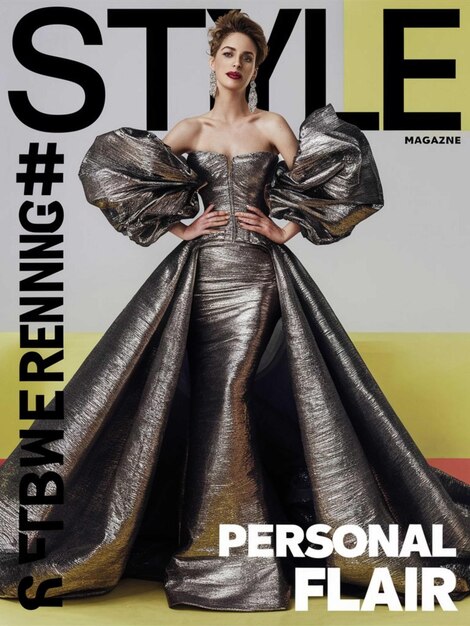 Photo a woman with a long silver dress on the cover of magazine