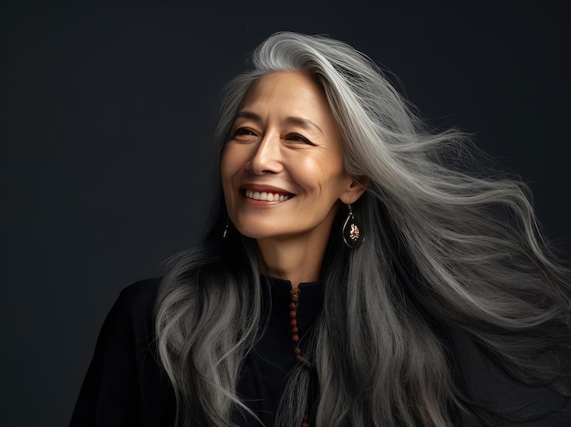 Woman with long thick gray hair