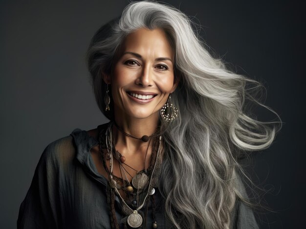 Photo woman with long thick gray hair