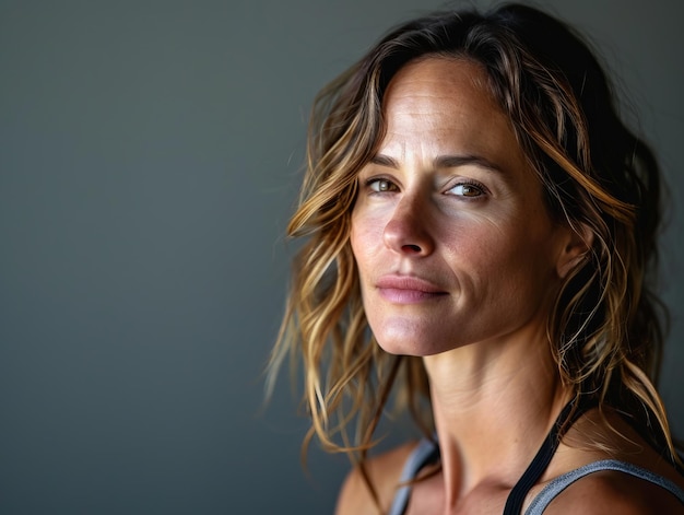 A woman with long wavy hair and a grey tank top