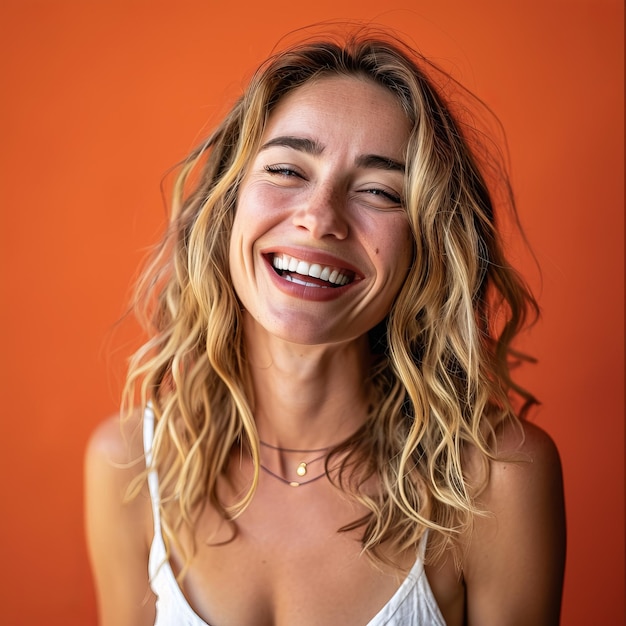 A woman with long wavy hair is laughing