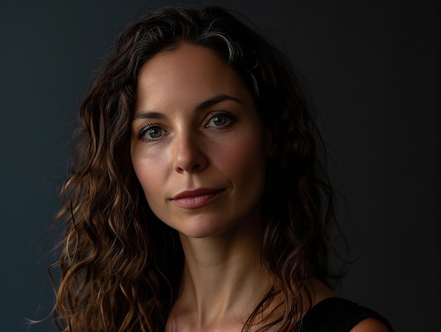 A woman with long wavy hair looking at the camera