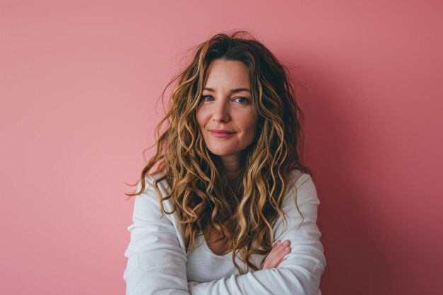 A woman with long wavy hair standing in front of a pink wall