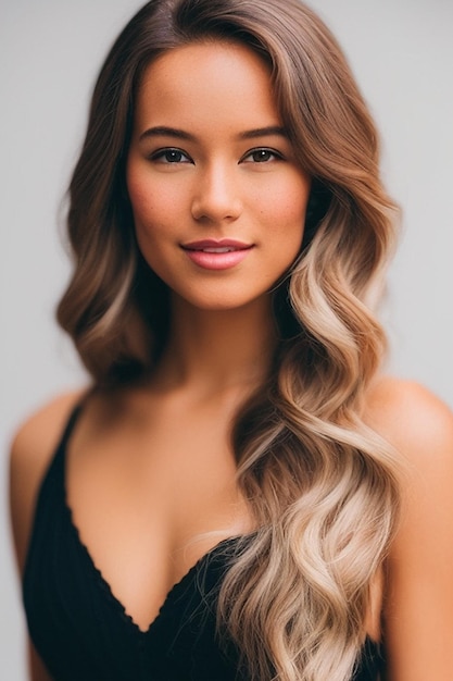 A woman with long wavy hair stands in front of a white background