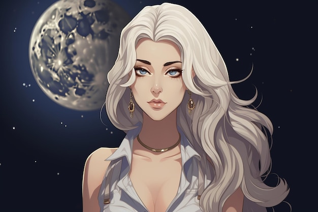 A woman with long white hair and blue eyes in front of the moon
