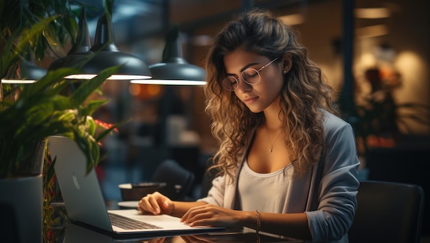 woman with loose hair working in a messy office