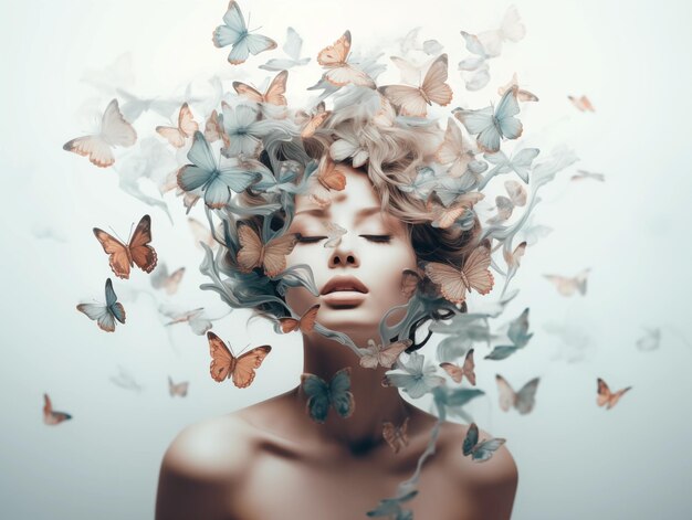 Photo a woman with a lot of butterflies on her head