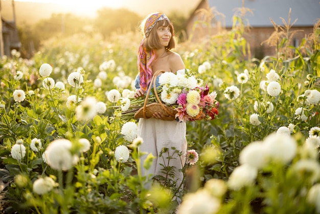 屋外のダリア農場にたくさんの花を持つ女性