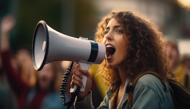 Foto una donna con un altoparlante parla alla folla in una manifestazione per la giornata mondiale della donna dell'8 marzo