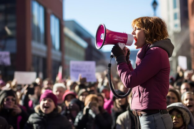 Una donna con un altoparlante parla alla folla