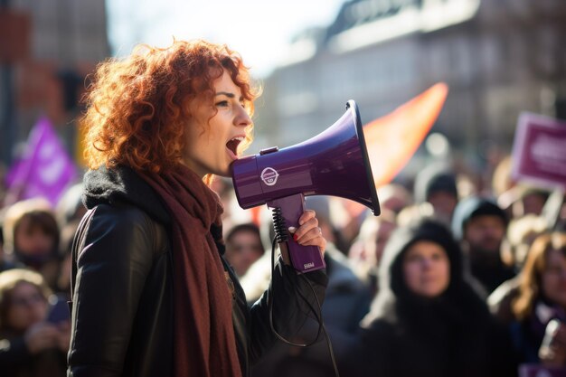 Foto una donna con un altoparlante parla alla folla