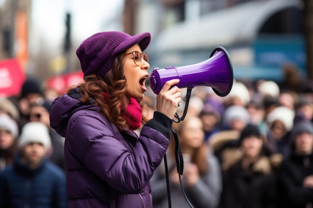 A woman with a loudspeaker speaks to the crowd