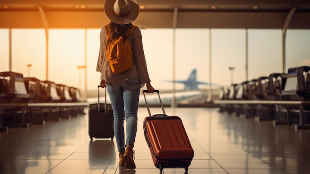 Woman with luggage in the airport terminal