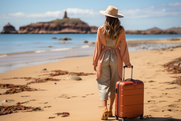 Woman with luggage by the shore beautiful summer photo