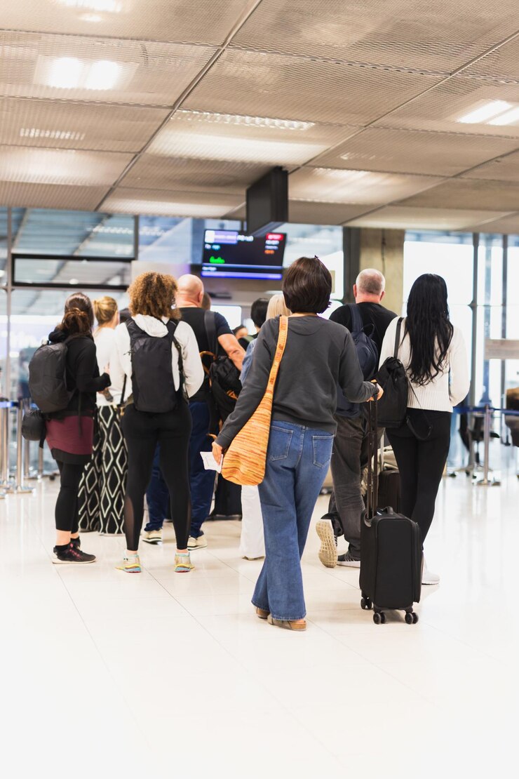 Photo woman with luggage standing in a line at airport