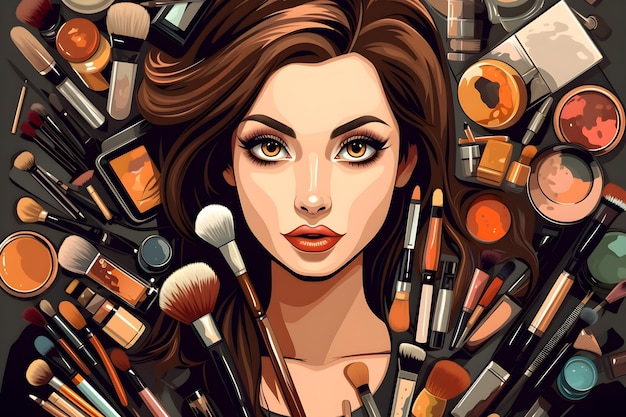 A woman with makeup on her face surrounded by various brushes.