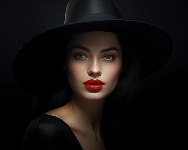 黒い帽子をかぶった化粧と赤い口紅を持つ女性のファッションポートレート