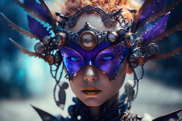 A woman with a mask on and a blue face with the word steampunk on it.