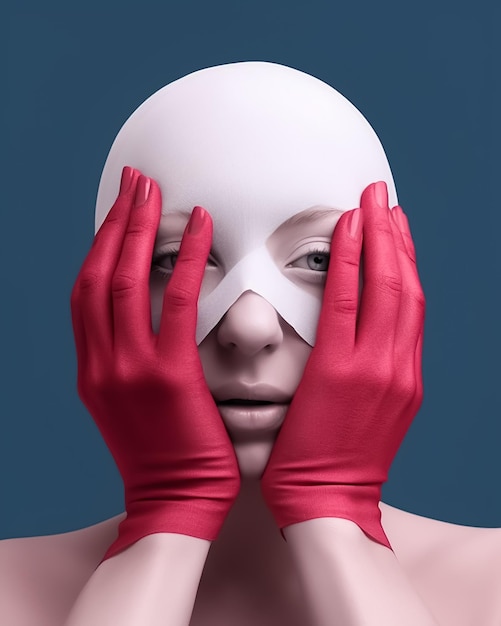 A woman with a mask covering her face with a red glove