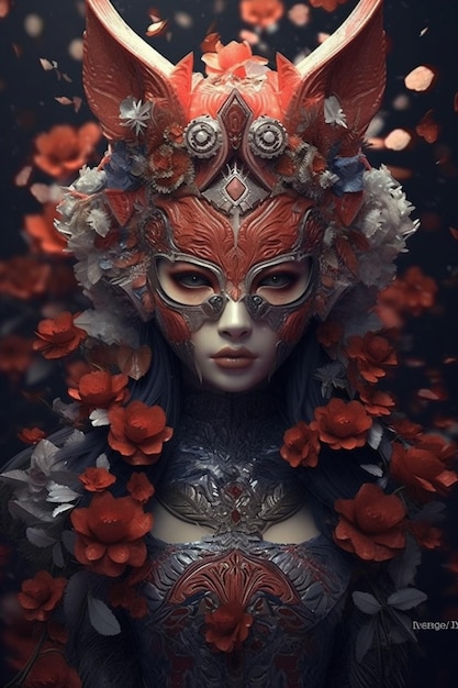 A woman with a mask made of flowers