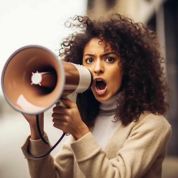A woman with a megaphone in her hand is shouting into a loudspeaker.