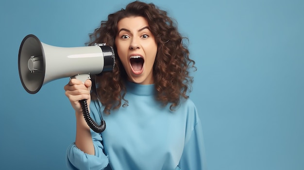 A woman with a megaphone in her hand is shouting.