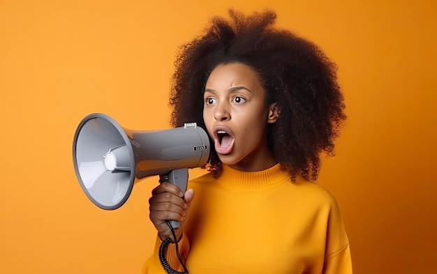 A woman with a megaphone in her hand is shouting