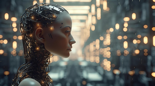 Женщина с металлической головой и светящимися огнями Generative AI Art