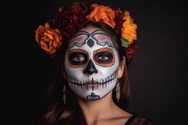 Woman with mexican skull day of the dead makeup generative ai