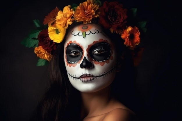 Woman with mexican skull day of the dead makeup generative ai